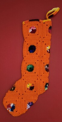 FREE Vintage Handmade Colorful  Crochet Christmas Orange 19  Stocking Granny