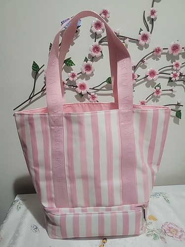 👀》🔥 Victoria’s Secret XL Iconic Pink & White Stripe Beach Cooler Tote Bag 🆕️ - Picture 9 of 24