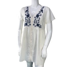 Madewell Womens Size L Embroidered Linen Alexandra Button Front Mini Dress NEW