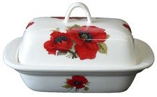 Poppy butter dish deep white porcelain decorated all round with bright poppies