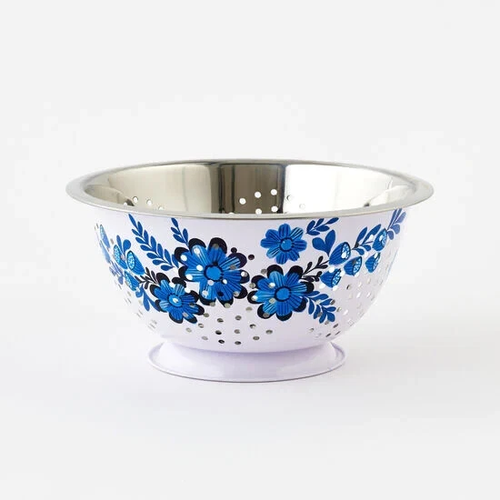 Blue & White Enamel Colander, Metal, 9.5" X 4.5" NEW
