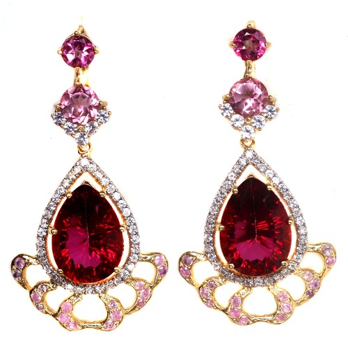 Boucles D'oreilles Pendantes Fait Main Argent 925 – Topaze Bleue Et Rubellite