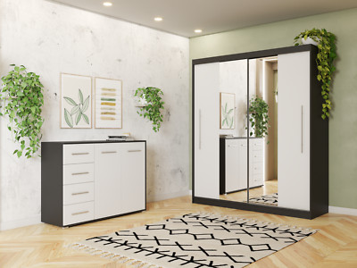 2er-Set Schwebetürenschrank TORINO I Kommode FRIDA 01 Schwarz/Weiss