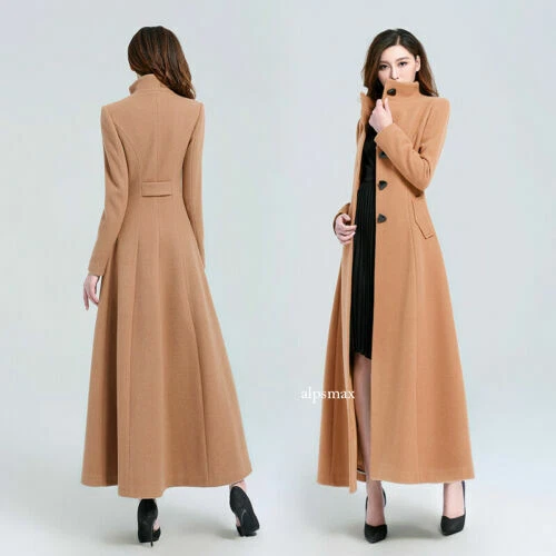Women Stand Neck Wool Blend Maxi Long Trench Coat Single Breasted