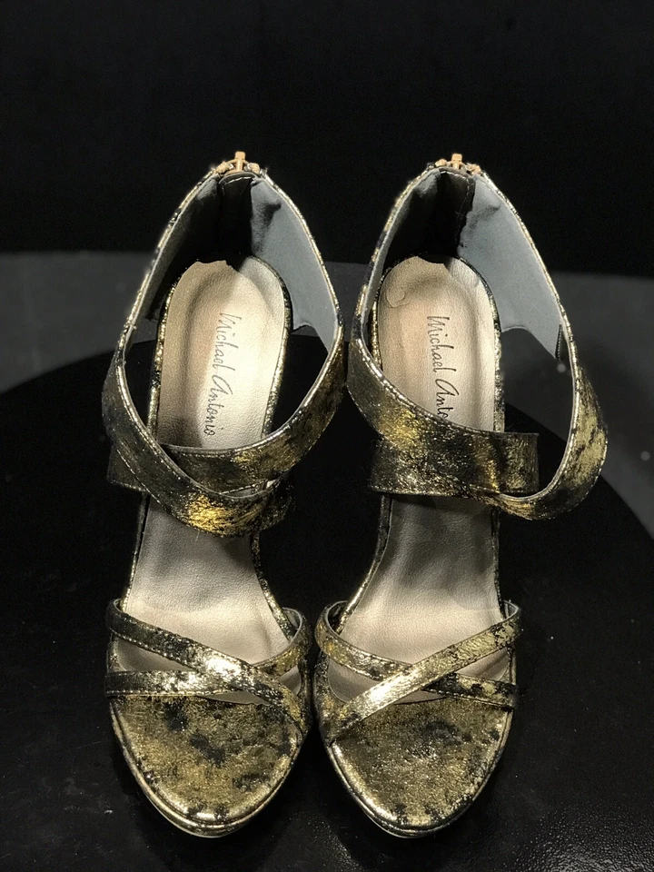 Michael Antonio Sandalia Tacones Negro Dorado Metálico Cremallera Talla US 6.5 M Foto 3 de 4