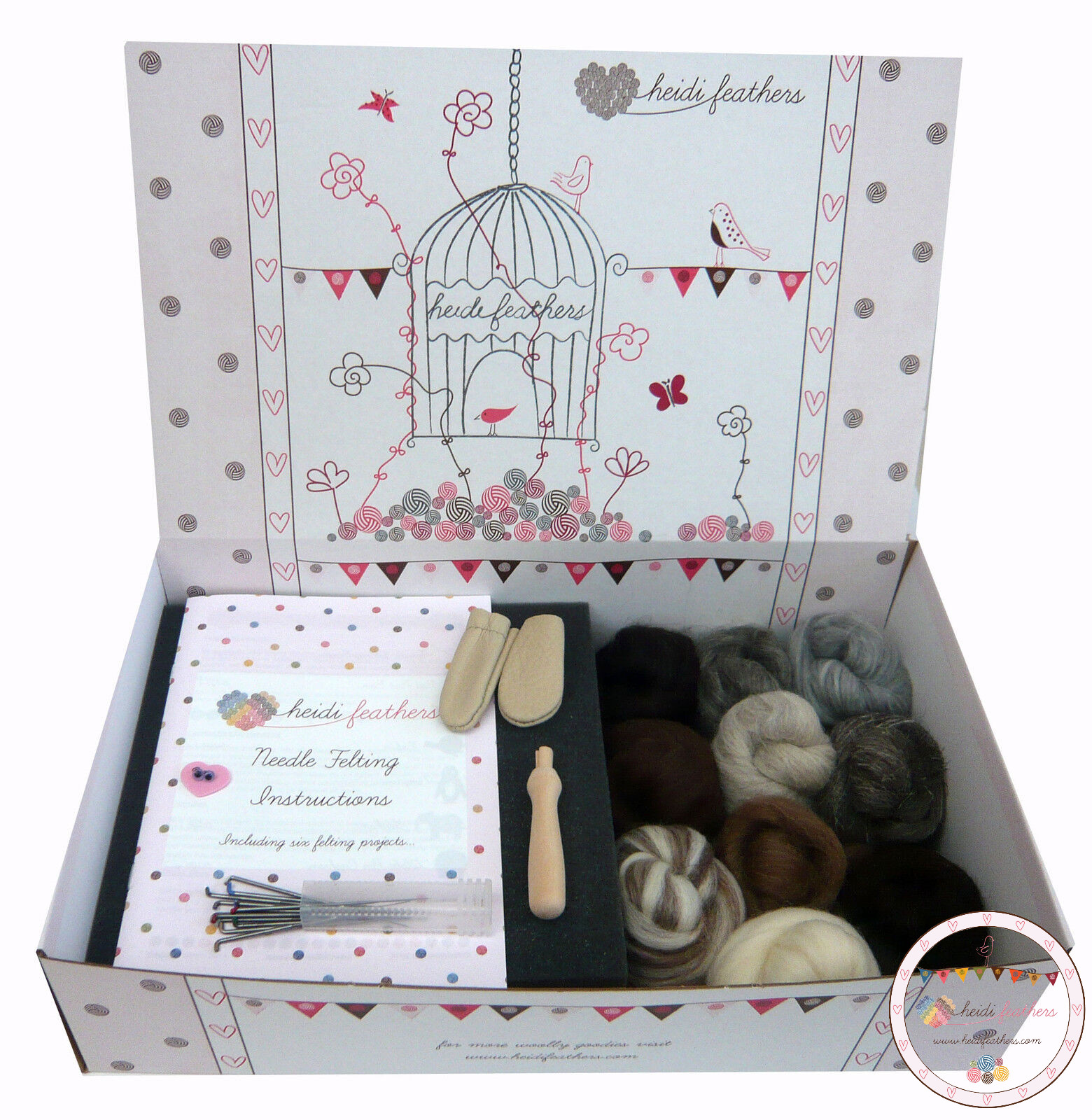 Heidifeathers® Boxed 'Natural Wool' Needle Felting Starter Kit - Finger Guards..