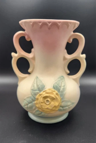 VINTAGE Hull Pottery Open Rose Camellia Pink Green Double Handle Vase 1940s GLAM