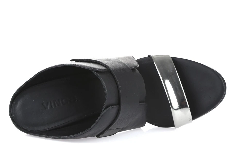 Sandalia para mujer Vince Karima negra plateada de cuero con cuña alta talla 8 mediana Foto 3 de 4