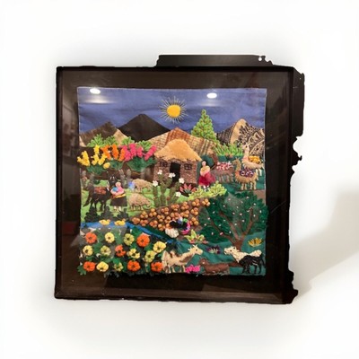 Peruvian Handmade  Arpilleras  Autumn Farm Countryside Scene 2D Wool & Felt Art