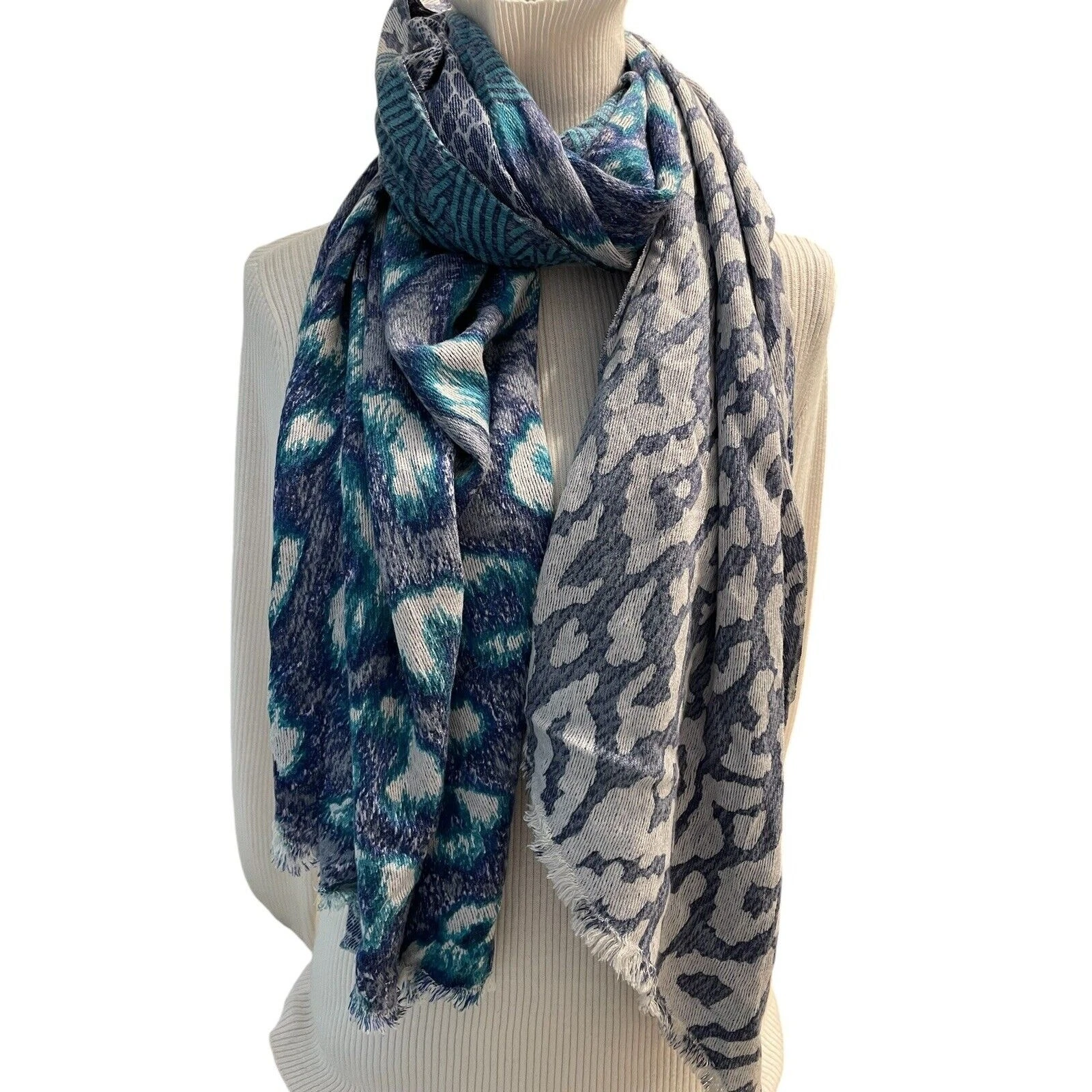 Theodora & Callum Blue Scarf Reversible Leopard Snow Print Lightweight Wrap