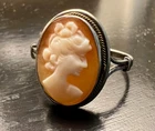 Estate Antique Cameo Ring 925 Silver Gold Rope Size 7.5 - 8 Hand Carved Woman