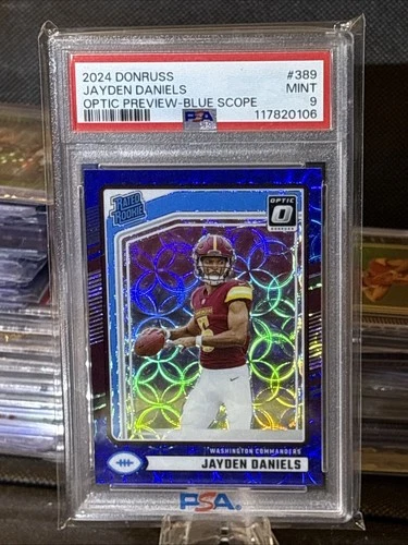 2024 Donruss Rated Rookie Jayden Daniels 389 Optic Preview Blue Scope RC PSA 9
