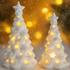 White Ceramic Christmas Trees with Lights, 2Pcs Light Up Table Top Porcelain ...