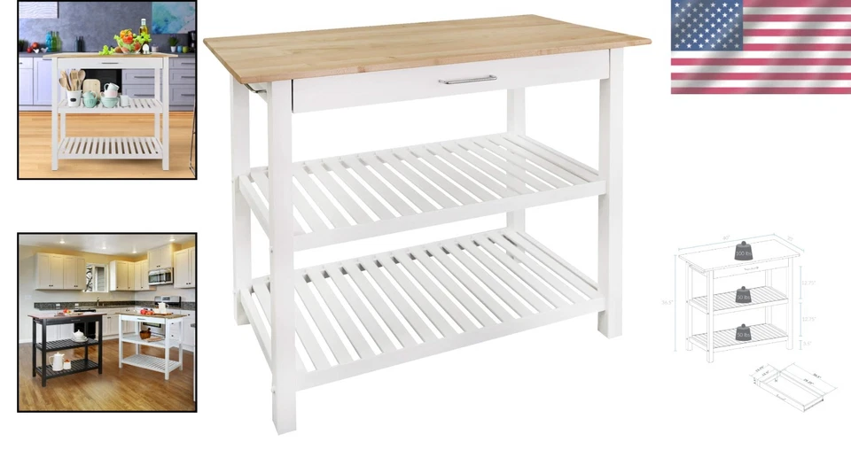 Carro isla cocina madera maciza, acabado natural/blanco, 40" Foto 2 de 4