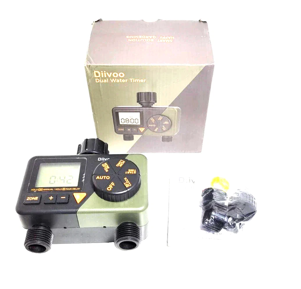 Diivoo Dual Water Timer WT-08 Rain Delay IPX5 Waterproof LCD Display NEW.