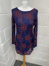 Mela London Navy Blue & Red Floral Lace Bodycon Dress Long Sleeve UK10 BNWT PS