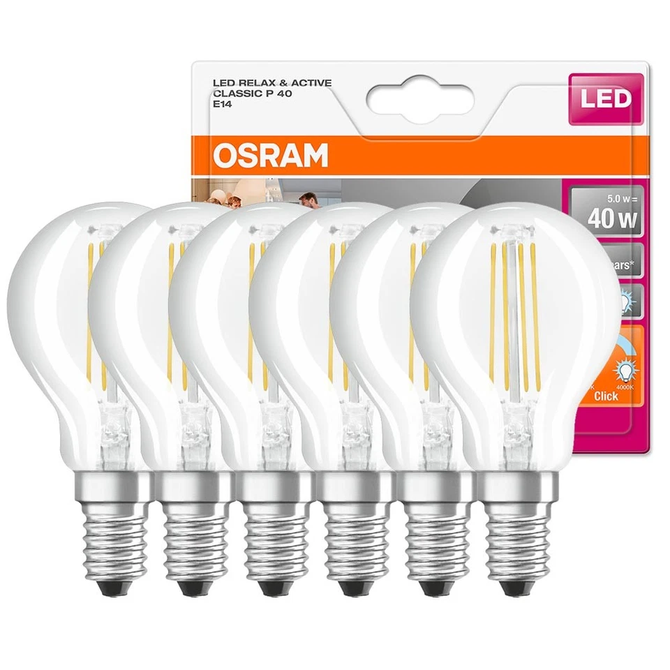 6 x Osram LED Relax & Active Tropfen 5W = 40W E14 klar 2700 & 4000K per Schalter