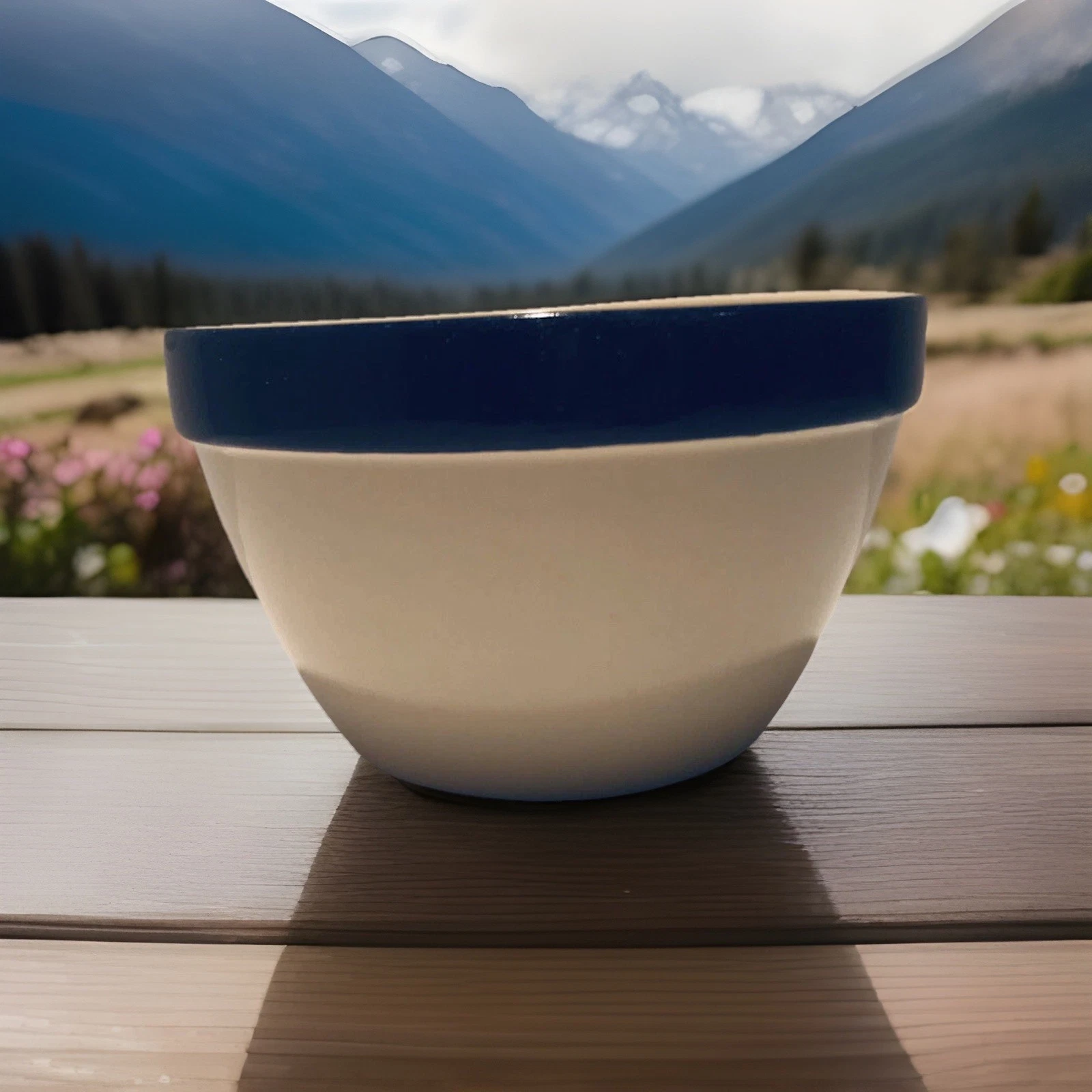 Cobalt Blue Rim Mixing Bowl Country Cottage Portugal Stoneware 6.5”x 4” EUC
