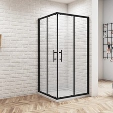 Black Frame Corner Entry Sliding Shower Enclosure Glass Double Door Stone Tray