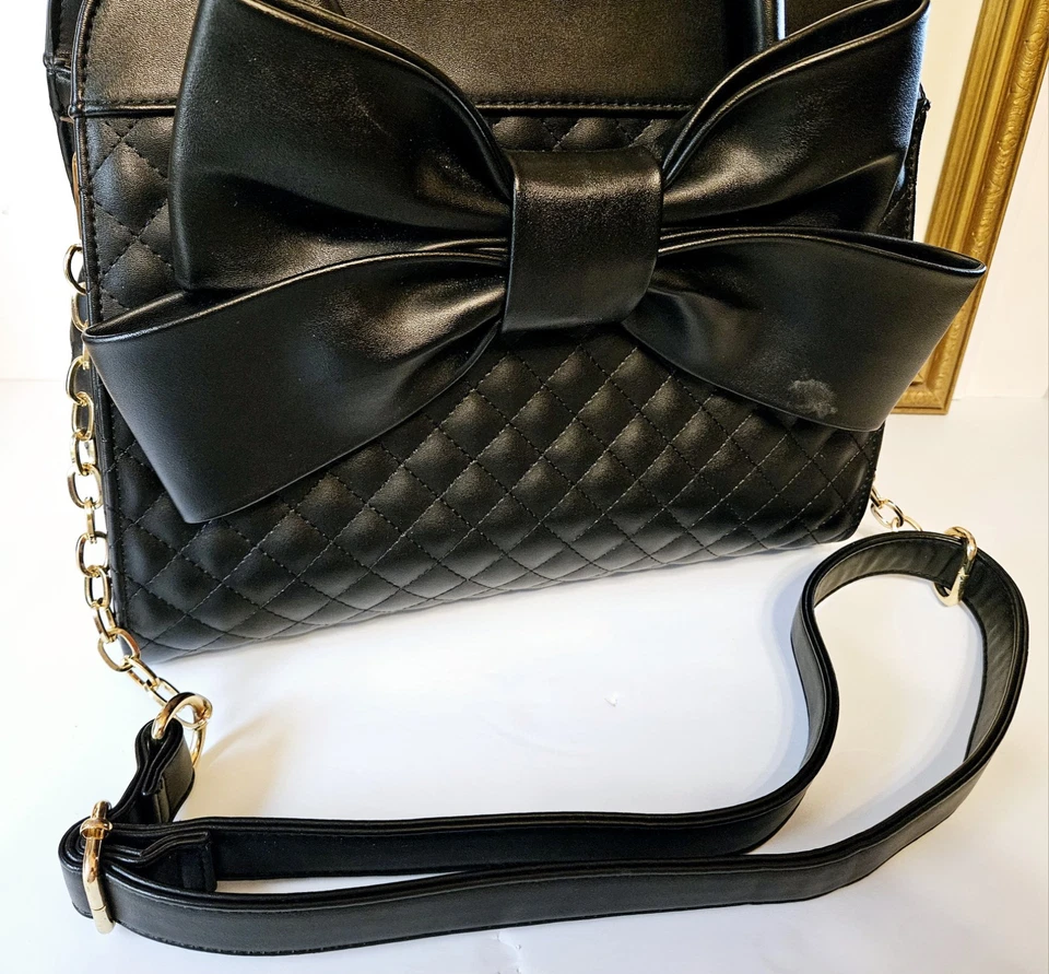 Scarleton Quilted Bow Purse – Black Vegan Leather Satchel, Girly Gift for Her - Image 4 of 4