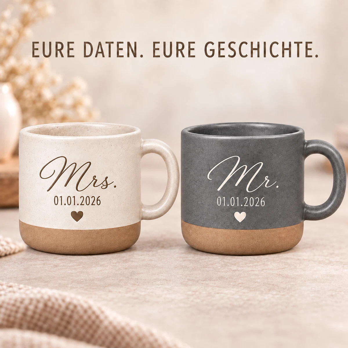 Personalisierte Mr. & Mrs. Tassen im 2er-Set mit Wunschdatum Keramiktassen 360ml