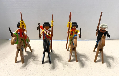 Lot of 4 VTG Playmobil Native American Figures Horses Spears Knives Bow Arrows