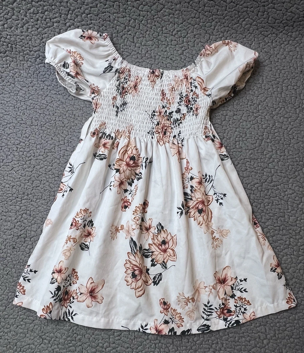 Little Girls Floral Print Short Sleeve Casual Dress Size 4T White & Pink 