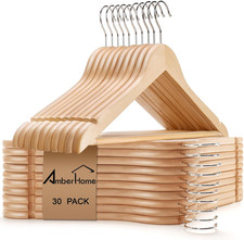 30 Pack Wooden Coat Hangers, Natural Wood Suit Hangers with Non-Slip Pant Bar, C
