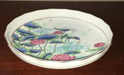 Piatto rotondo vintage Hasu Japan dipinto a mano fiore di loto bordo oro - Foto 3 di 7