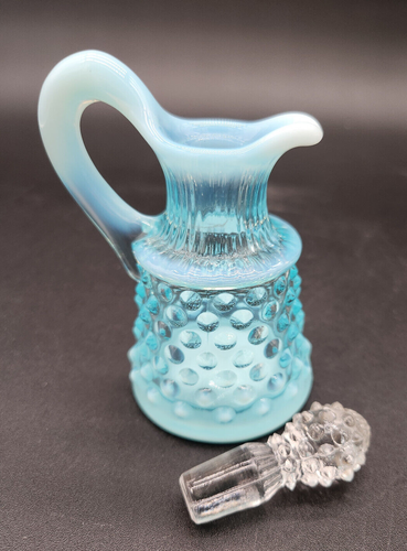 Fenton Art Glass Blue Opalescent Hobnail Oil / Vinegar Cruet Decanter Bottle - Picture 3 of 5