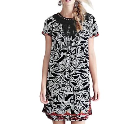 Floreat Anthropologie Abelia Fringe Beaded Dress Size Small Tribal Black & White