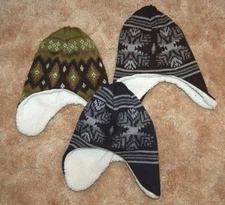 Toddler Baby Boys KNIT WINTER HAT Fleece lined EAR FLAPS Snowflake GREEN BLACK