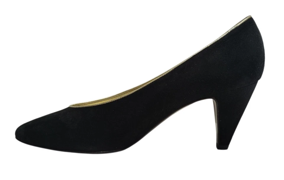 Zapatos de salón BRUNO MAGLI de colección para mujer 7,5 negros gamuza ribete dorado clásicos tacón medio Italia Foto 4 de 4