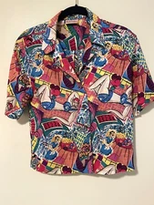 Rafaella S Tropical Short Sleeve Blouse Button-Up Beach Print