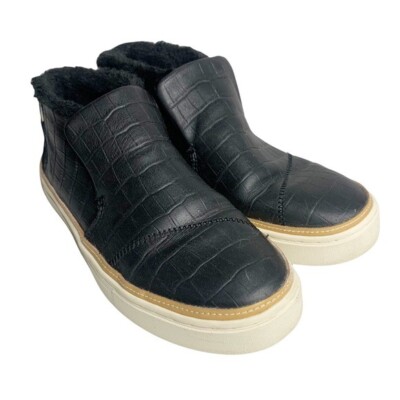 Toms Paxton Black Croc Embossed Leather Faux Fur Slip On Chukka Sneakers  Size 10