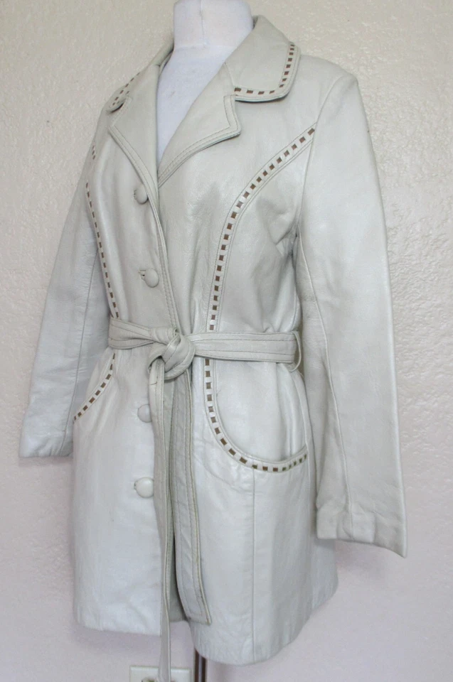 Abrigo Vintage Cuero 24K Dan Di Modes Cuero Blanco Costuras Taupe S/M Foto 2 de 4