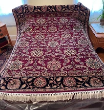 Superb Karastan Burgundy Red Tan Wool + Silk Rug w/Black Border 6 ft x 9 ft