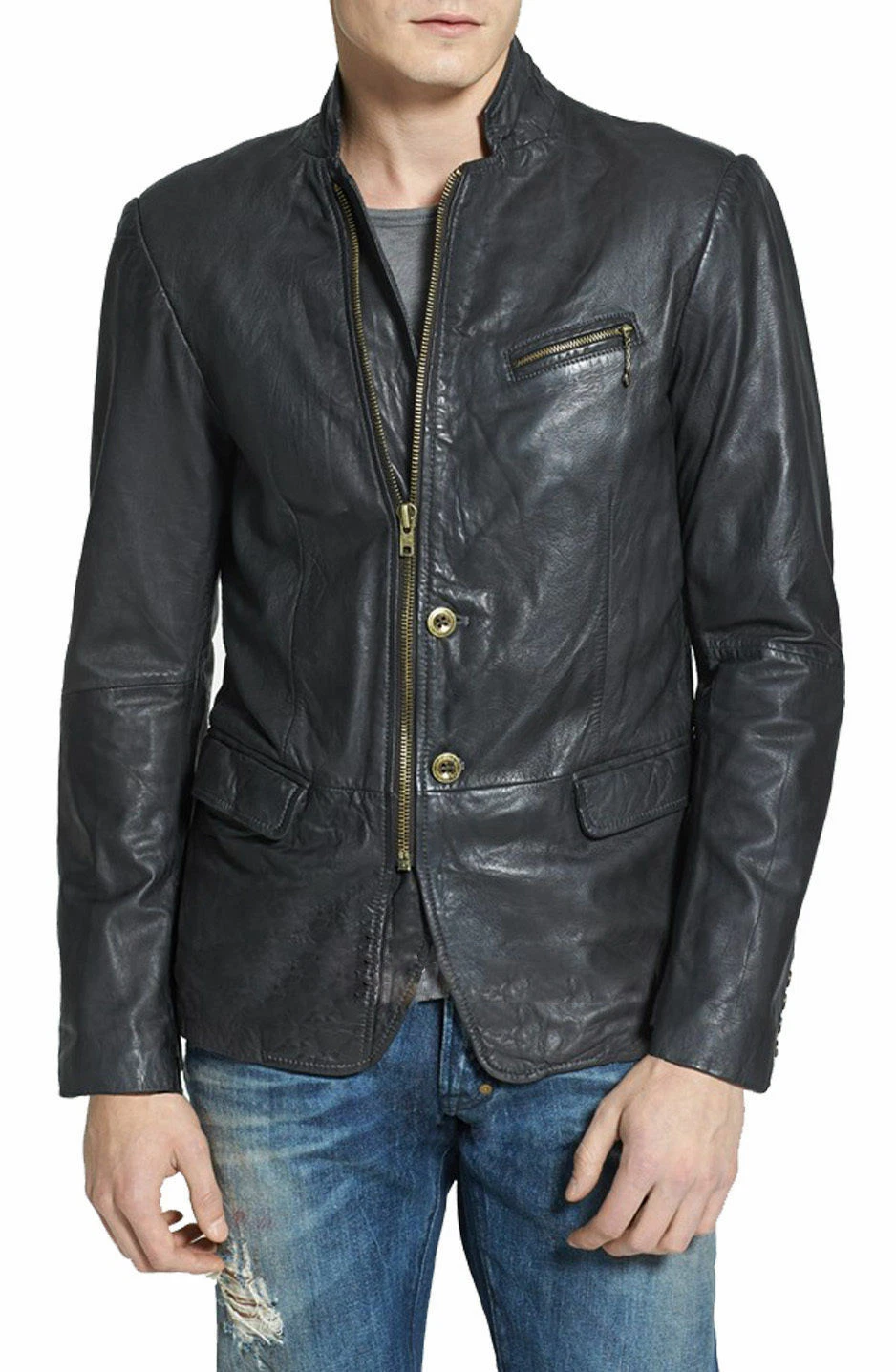 New Men's Genuine Sheepskin 100% Leather Blazer Jacket TWO BUTTON Grey Coat 419