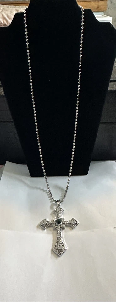 Crystal Cabochon Gothic Cross 29” Necklace Silver Toned Religious 3.5” Pendant - Image 2 of 4