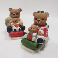 Vtg HOMCO Christmas Teddy Bear Family Figurines 5102 Sledding 2pc Holiday Decor