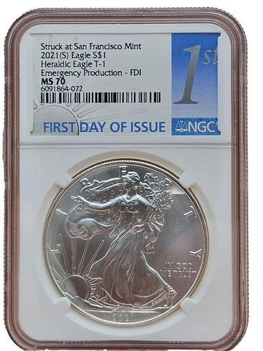 2021(S) TY 1 EMERGENCY FDI $1 AMERICAN SILVER EAGLE NGC MS 70 FIRST DAY OF ISSUE