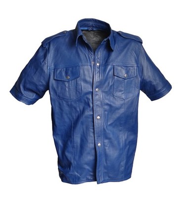 blaues Lederhemd, Hemd Kurzarm-Hemd, Lammnappa Leder Farbe blau Größe 3XL