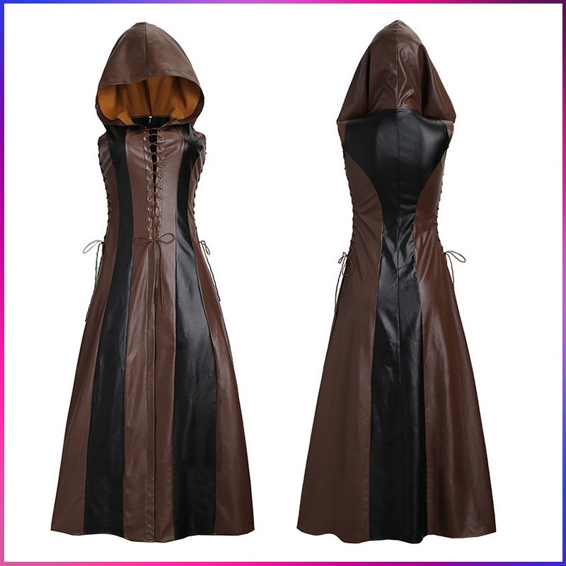 S-XXL Vestido Corbata Frontal Cruzada Cinturón Con Capucha Largo Sin Mangas Imitación Cuero Juegos con disfraces