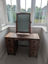 Solid Walnut Veneer Dressing Table With Mirror And 6 Drawers