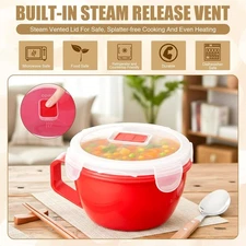 32 oz Microwavable Ramen Soup Bowl w/ Handle, Locking Steam-Release Vent-Lid