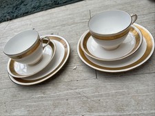 Two Afternoon Tea Trios Tuscan China Golden Band. Two Teacups Saucers plates