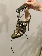 Oscar de la Renta Green Black Snake Print Strappy Ankle Strap Stiletto Heels 39