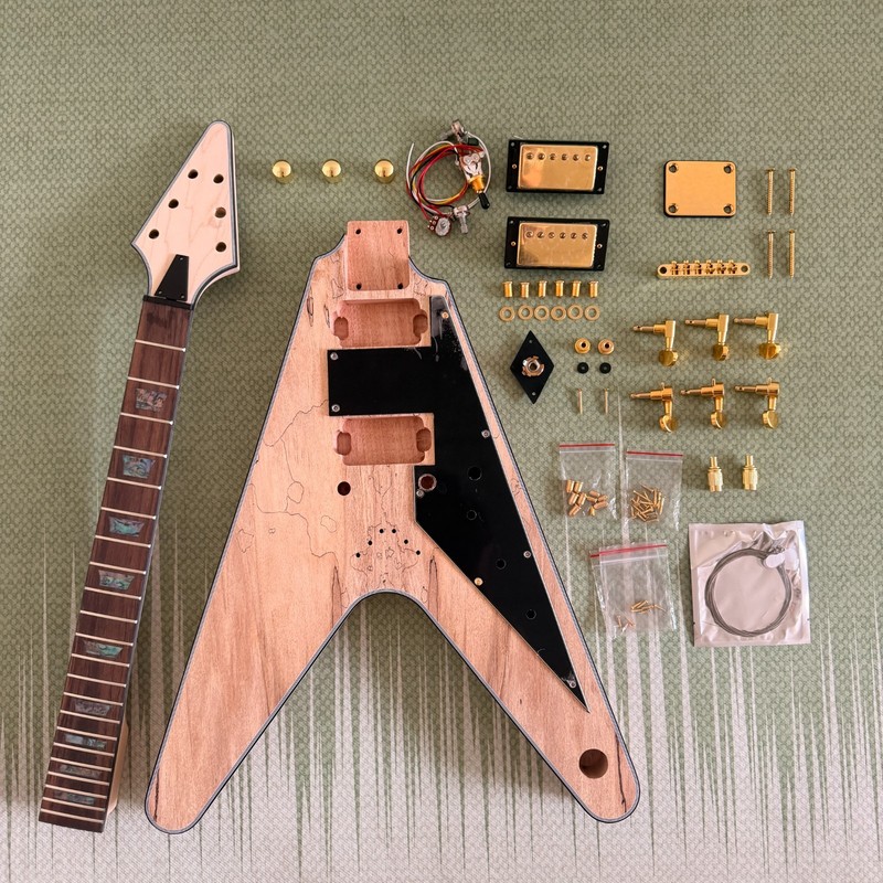 Unfinished  V shape DIY Electric Guitar Kit Spalted Maple Top GD part Maple neck