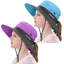 2 PCS 5-14Y Kids Summer Sun Hat Wide Brim UV Protection Girls Ponytail Beach