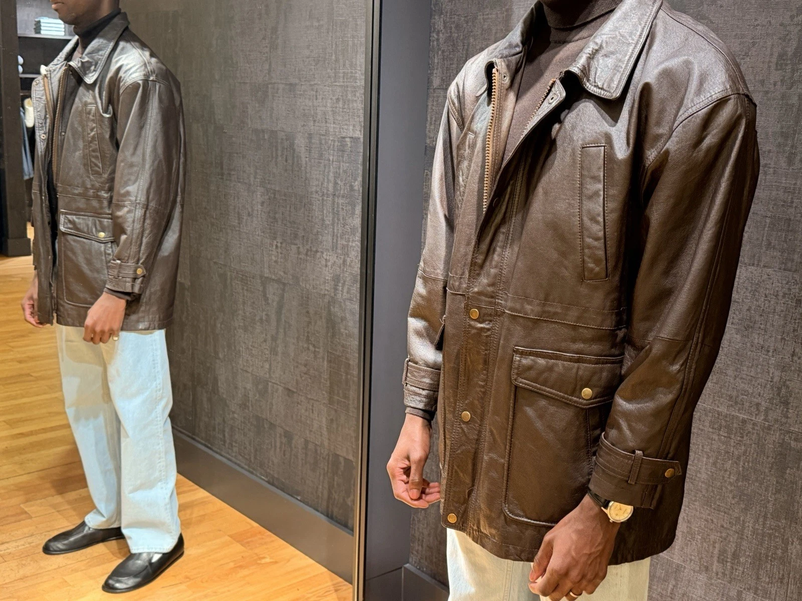 Men's Large Brown Real Leather Cinch Waist Field Jacket Zip and Button Front - product detail image 2